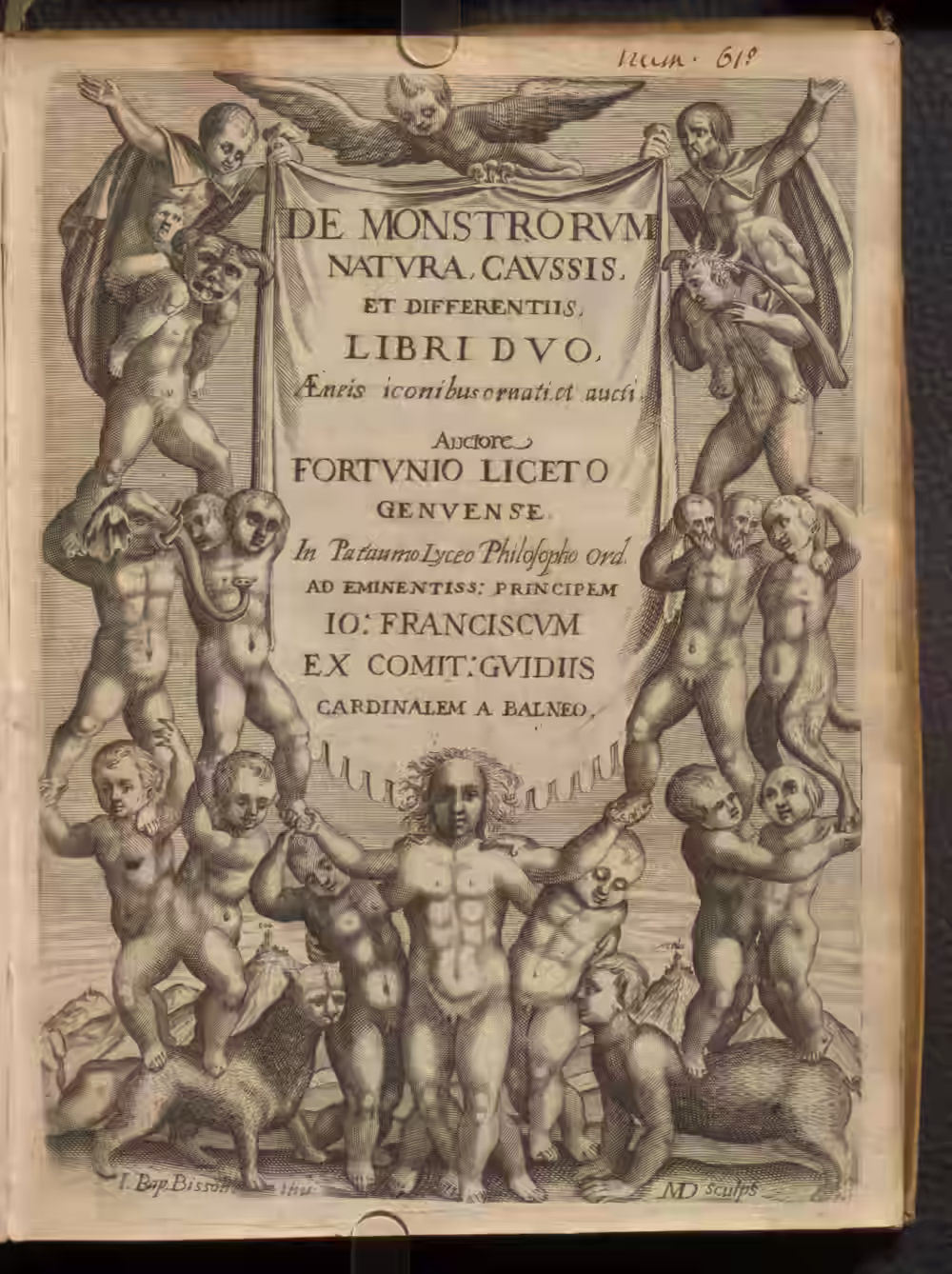 Engraved frontispiece of De Monstris, 1634 — a banner of monsters holds the title